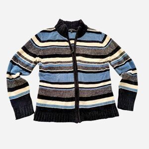 Carolyn Taylor Blue White Gray Striped Zip Up Fleece Jacket Size S